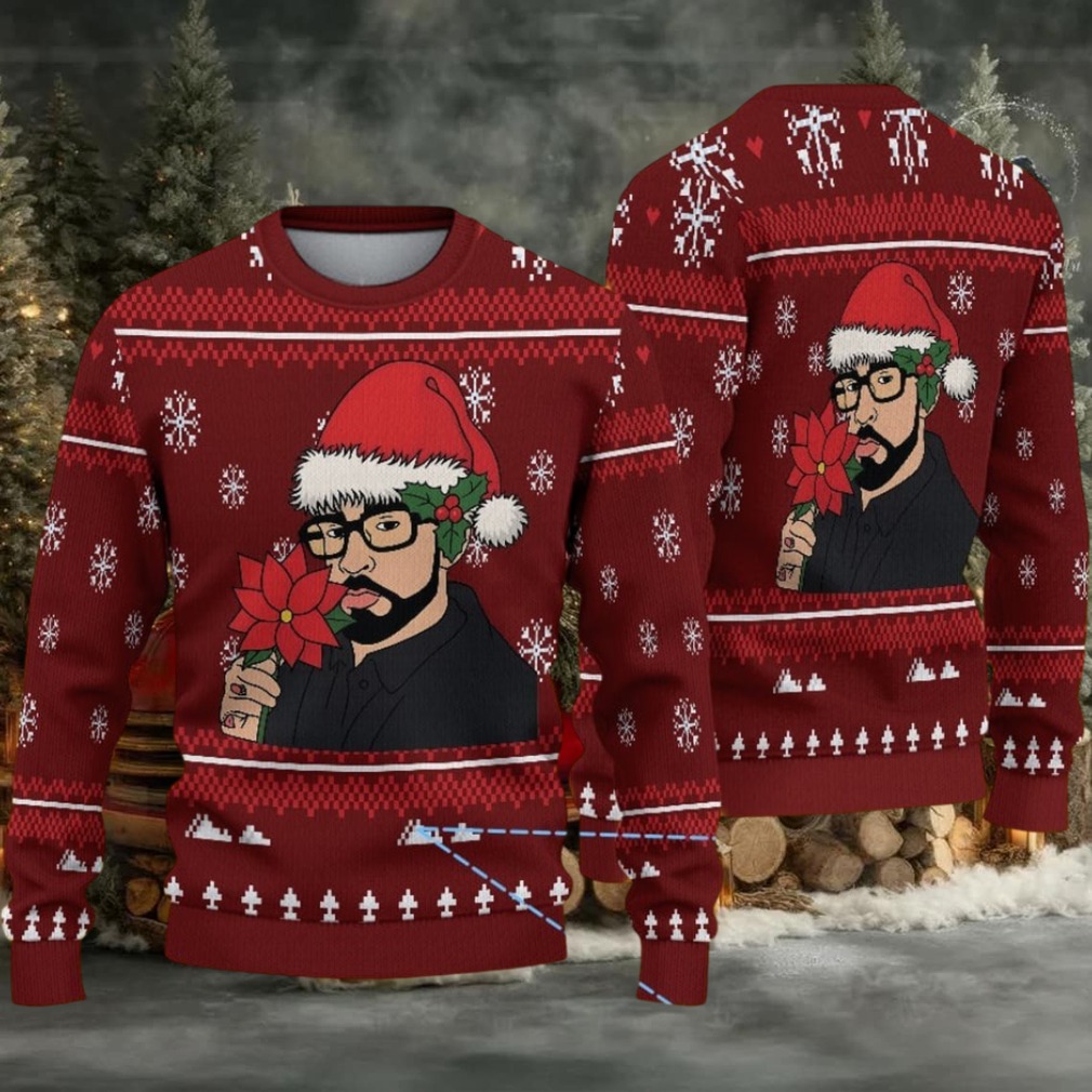 Burgundy Fair Isle Snowflake Ugly Christmas Sweater Bad Bunny in Santa Hat with Poinsettia and Winter Pattern Burgundy Fair Isle Snowflake Ugly Christmas Sweater Bad Bunny in Santa Hat with Poinsettia and Winter Pattern