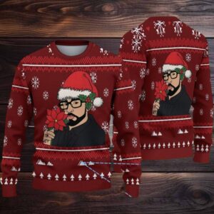 Burgundy Fair Isle Snowflake Ugly Christmas Sweater Bad Bunny in Santa Hat with Poinsettia and Winter Pattern