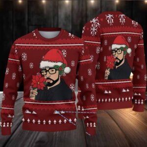 Burgundy Fair Isle Snowflake Ugly Christmas Sweater Bad Bunny in Santa Hat with Poinsettia and Winter Pattern