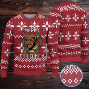 Burgundy Fair Isle Snowflake Ugly Christmas Sweater Mike Tyson Wreath and Boxing Gloves