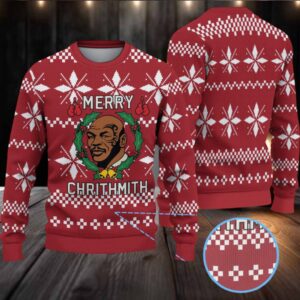Burgundy Fair Isle Snowflake Ugly Christmas Sweater Mike Tyson Wreath and Boxing Gloves