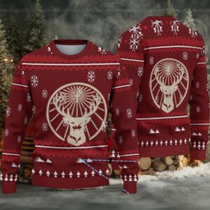 Burgundy Red Snowflake and Pixel Tree Pattern Ugly Christmas Sweater Jagermeister Stag Logo