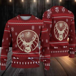 Burgundy Red Snowflake and Pixel Tree Pattern Ugly Christmas Sweater Jagermeister Stag Logo