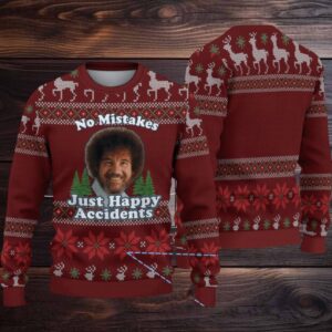 Burgundy Reindeer & Snowflake Pattern “Bob Ross No Mistakes Just Happy Accidents” Ugly Christmas Sweater
