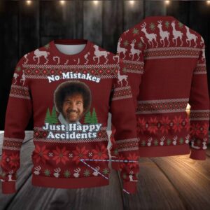 Burgundy Reindeer & Snowflake Pattern “Bob Ross No Mistakes Just Happy Accidents” Ugly Christmas Sweater