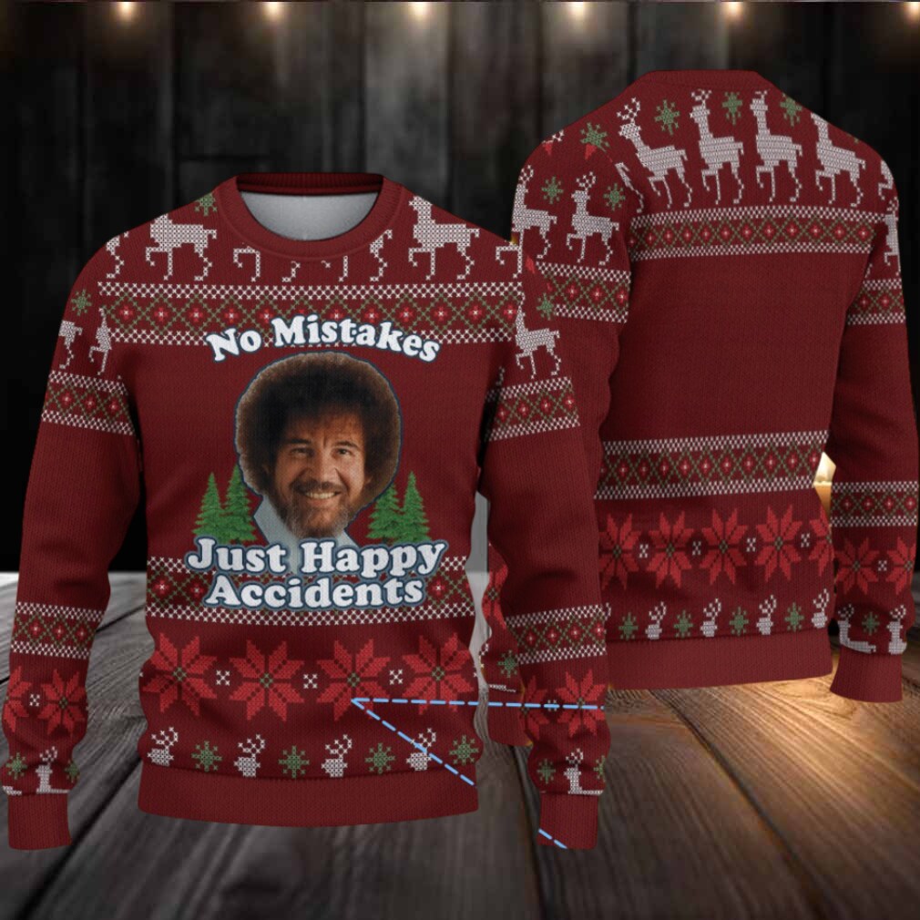 Burgundy Reindeer & Snowflake Pattern “Bob Ross No Mistakes Just Happy Accidents” Ugly Christmas Sweater Burgundy Reindeer & Snowflake Pattern “Bob Ross No Mistakes Just Happy Accidents” Ugly Christmas Sweater