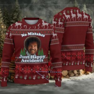 Burgundy Reindeer & Snowflake Pattern “Bob Ross No Mistakes Just Happy Accidents” Ugly Christmas Sweater