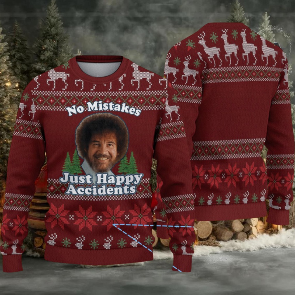 Burgundy Reindeer & Snowflake Pattern “Bob Ross No Mistakes Just Happy Accidents” Ugly Christmas Sweater Burgundy Reindeer & Snowflake Pattern “Bob Ross No Mistakes Just Happy Accidents” Ugly Christmas Sweater