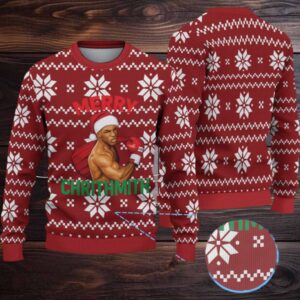 Burgundy Snowflake Fair Isle Ugly Christmas Sweater Mike Tyson in Santa Hat with Boxing Gloves