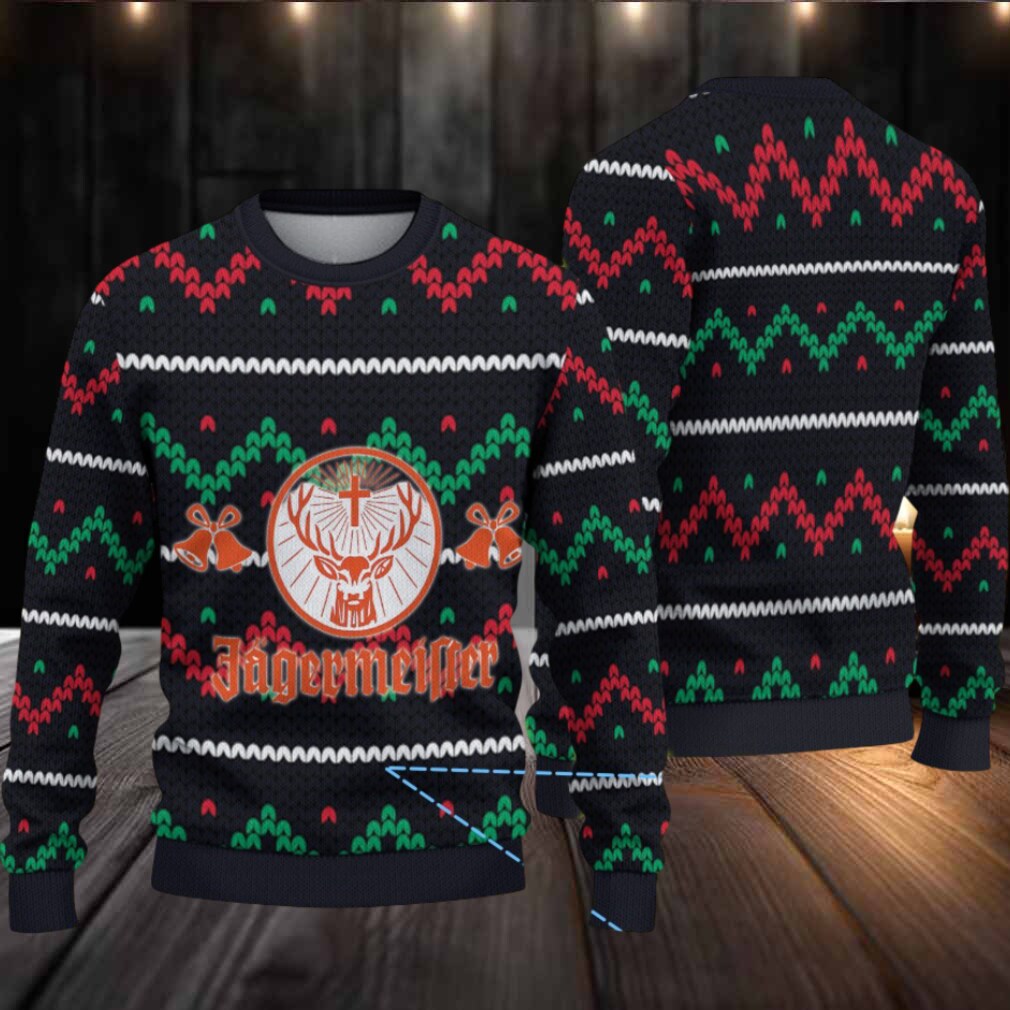 Black Red and Green Zigzag Knit Ugly Christmas Sweater Jagermeister Stag Logo with Bells Black Red and Green Zigzag Knit Ugly Christmas Sweater Jagermeister Stag Logo with Bells