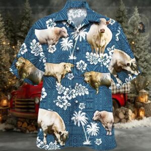 Charolais Cattle Blue Tribal Pattern Hawaiian Shirt