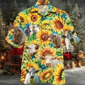 Charolais Cattle Sunflower Watercolor Hawaiian Shirt
