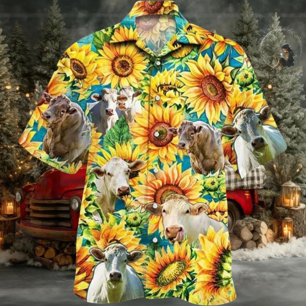 Charolais Cattle Sunflower Watercolor Hawaiian Shirt Charolais Cattle Sunflower Watercolor Hawaiian Shirt