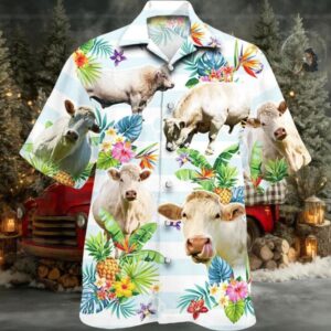 Charolais Cattle Tropical Flower Hawaiian Shirt