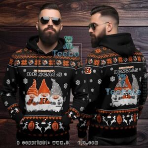 Cincinnati Bengals Christmas Gnomes Ugly 3D Hoodie Black Orange Cincinnati Bengals Christmas Gnomes Ugly 3D Hoodie Black Orange