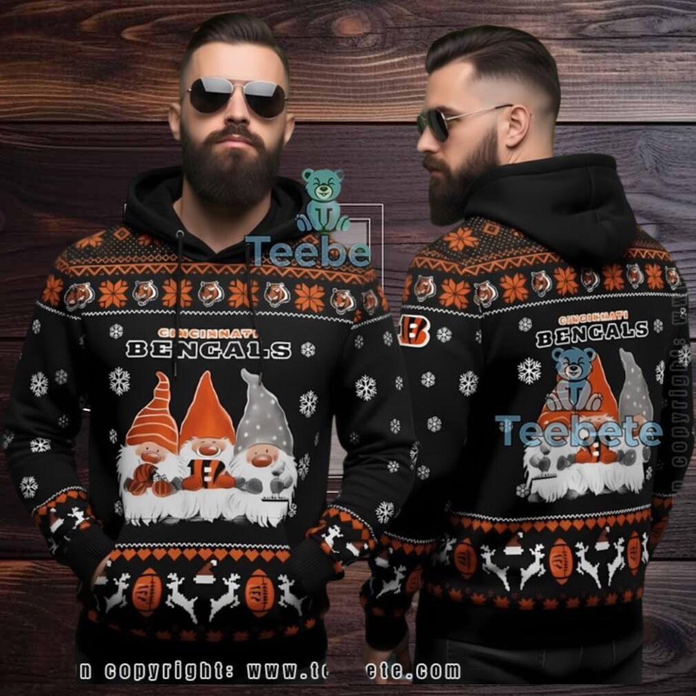 Cincinnati Bengals Christmas Gnomes Ugly 3D Hoodie Black Orange Cincinnati Bengals Christmas Gnomes Ugly 3D Hoodie Black Orange