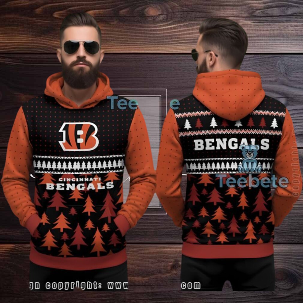 Cincinnati Bengals Christmas Tree Pattern Ugly 3D Hoodie Orange Black Cincinnati Bengals Christmas Tree Pattern Ugly 3D Hoodie Orange Black