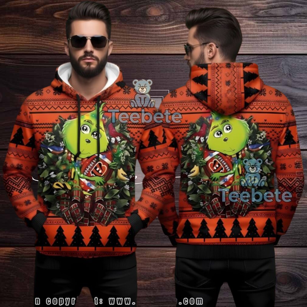 Cincinnati Bengals Grinch Wreath Ugly Christmas 3D Hoodie Cincinnati Bengals Grinch Wreath Ugly Christmas 3D Hoodie