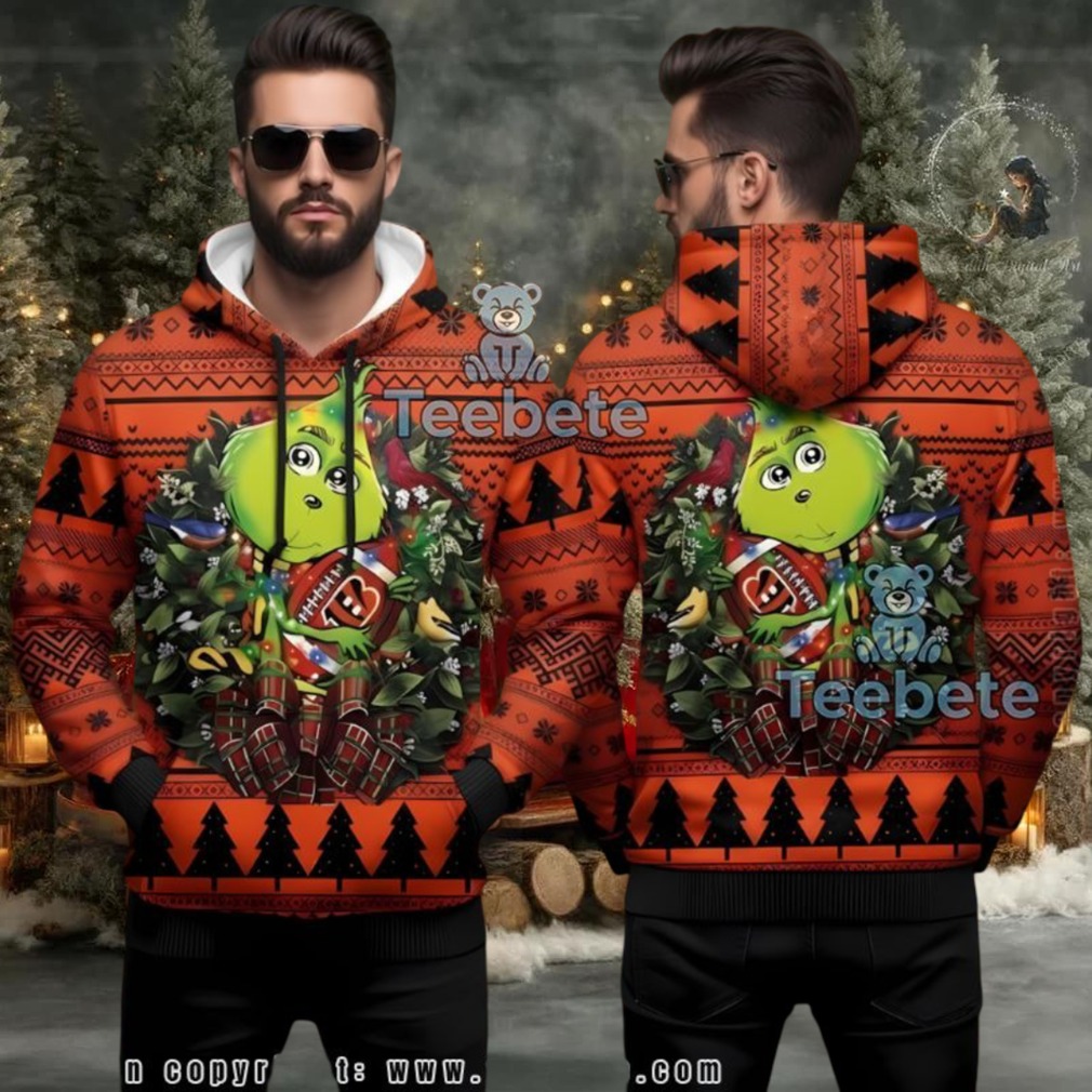 Cincinnati Bengals Grinch Wreath Ugly Christmas 3D Hoodie Cincinnati Bengals Grinch Wreath Ugly Christmas 3D Hoodie