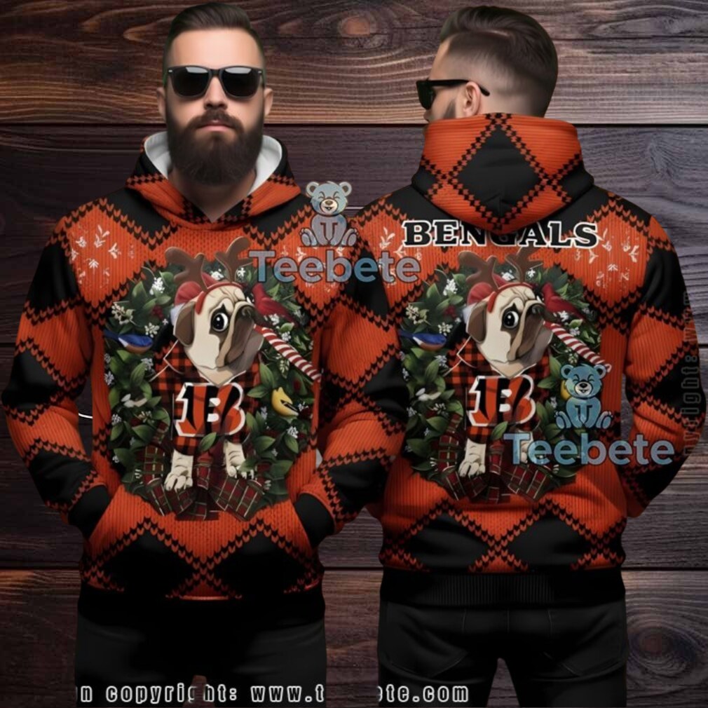 Cincinnati Bengals Pug Dog Reindeer Ugly Christmas 3D Hoodie Cincinnati Bengals Pug Dog Reindeer Ugly Christmas 3D Hoodie