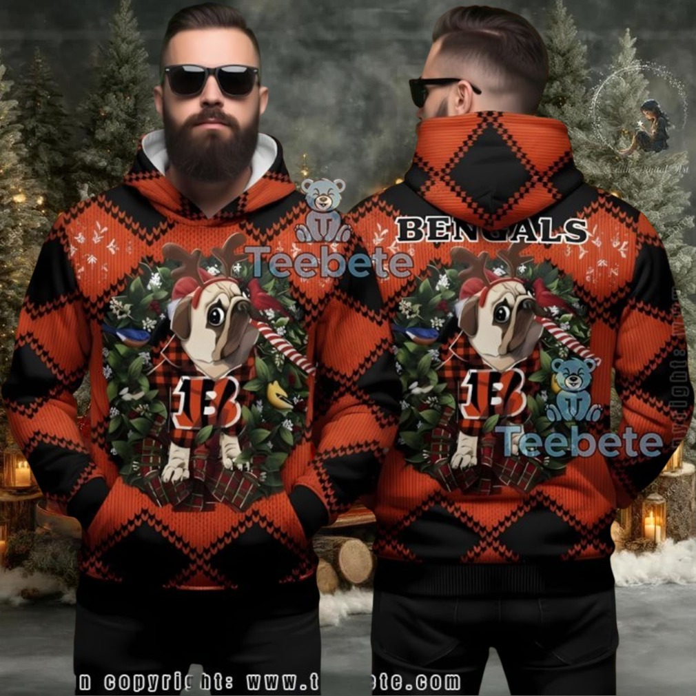 Cincinnati Bengals Pug Dog Reindeer Ugly Christmas 3D Hoodie Cincinnati Bengals Pug Dog Reindeer Ugly Christmas 3D Hoodie