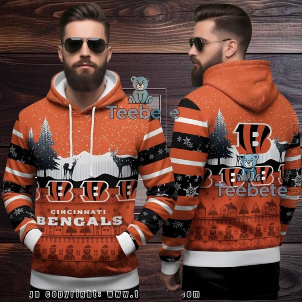 Cincinnati Bengals Reindeer Forest Ugly Christmas 3D Hoodie Orange Cincinnati Bengals Reindeer Forest Ugly Christmas 3D Hoodie Orange