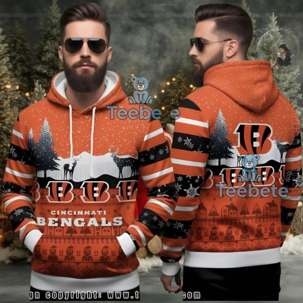 Cincinnati Bengals Reindeer Forest Ugly Christmas 3D Hoodie Orange Cincinnati Bengals Reindeer Forest Ugly Christmas 3D Hoodie Orange