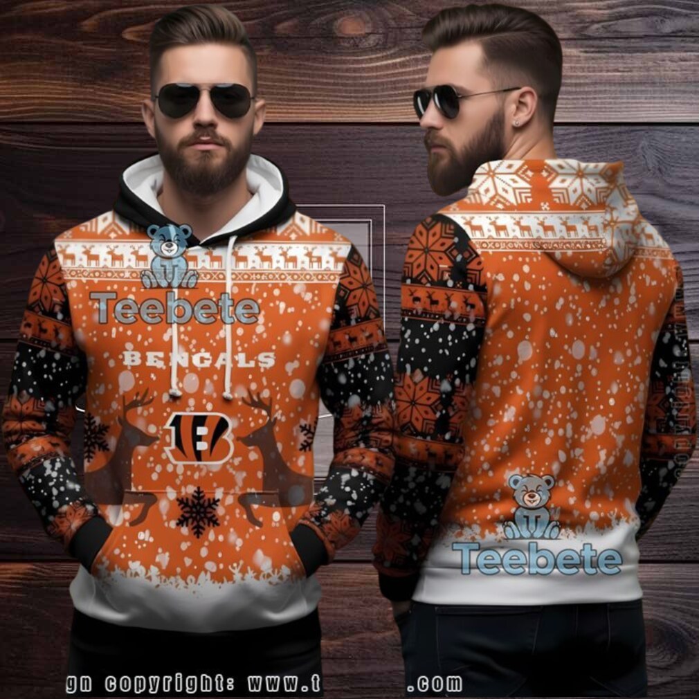 Cincinnati Bengals Reindeer Snowfall Ugly Christmas 3D Hoodie Orange Cincinnati Bengals Reindeer Snowfall Ugly Christmas 3D Hoodie Orange