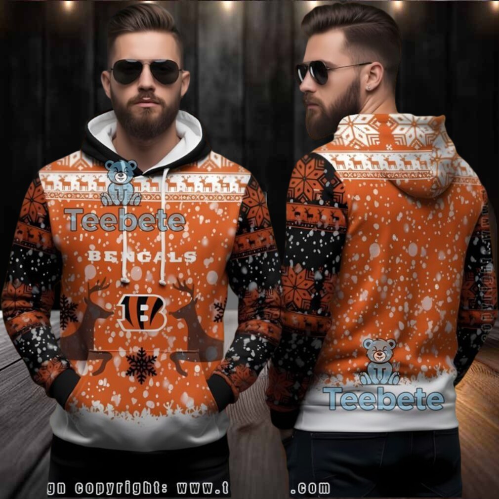 Cincinnati Bengals Reindeer Snowfall Ugly Christmas 3D Hoodie Orange Cincinnati Bengals Reindeer Snowfall Ugly Christmas 3D Hoodie Orange