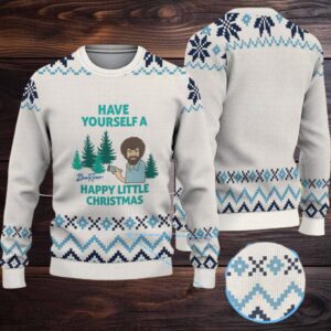 Cream & Blue Geometric Pattern “Bob Ross Have Yourself a Happy Little Christmas” Ugly Christmas Sweater