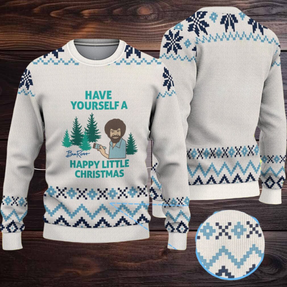 Cream & Blue Geometric Pattern “Bob Ross Have Yourself a Happy Little Christmas” Ugly Christmas Sweater Cream & Blue Geometric Pattern “Bob Ross Have Yourself a Happy Little Christmas” Ugly Christmas Sweater
