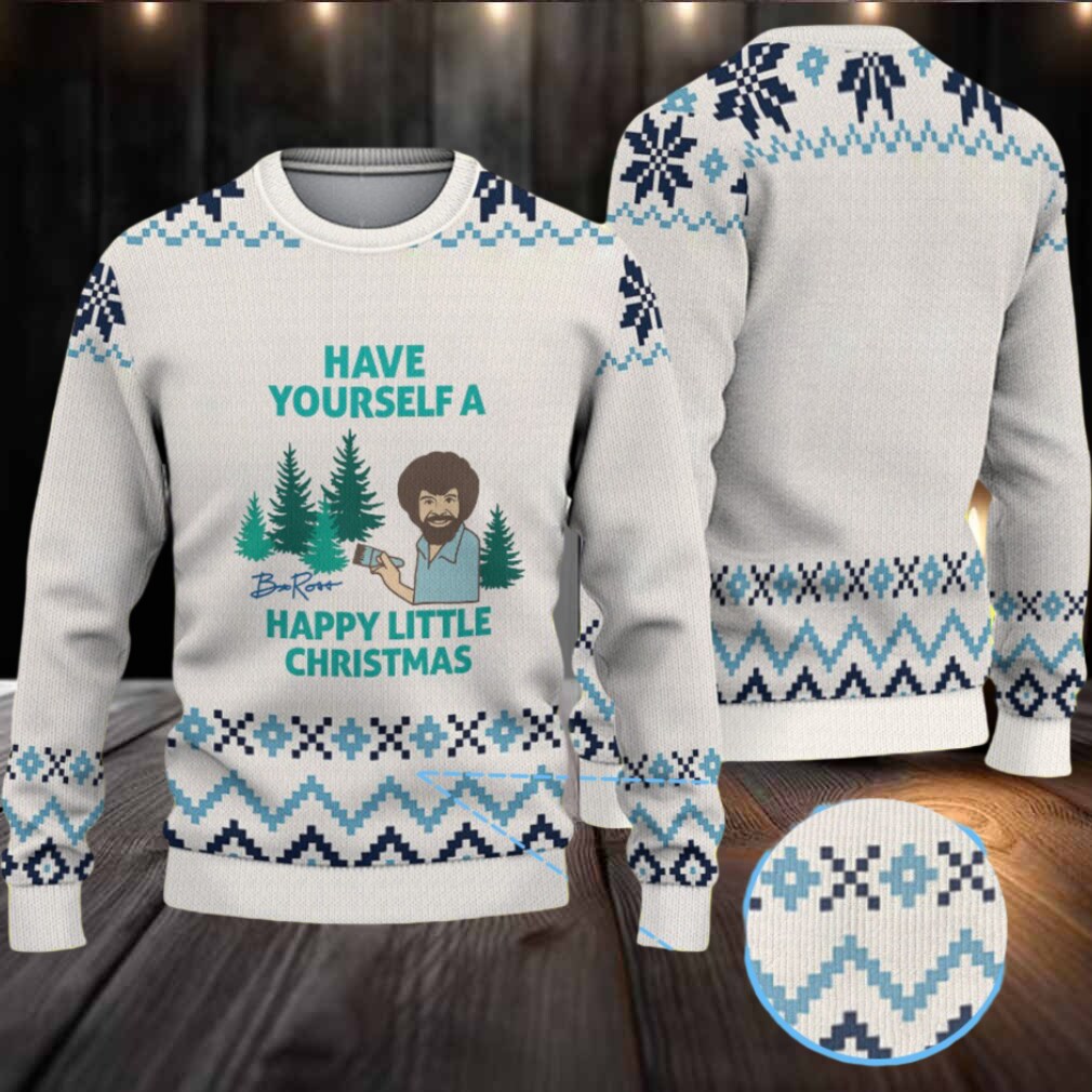 Cream & Blue Geometric Pattern “Bob Ross Have Yourself a Happy Little Christmas” Ugly Christmas Sweater Cream & Blue Geometric Pattern “Bob Ross Have Yourself a Happy Little Christmas” Ugly Christmas Sweater