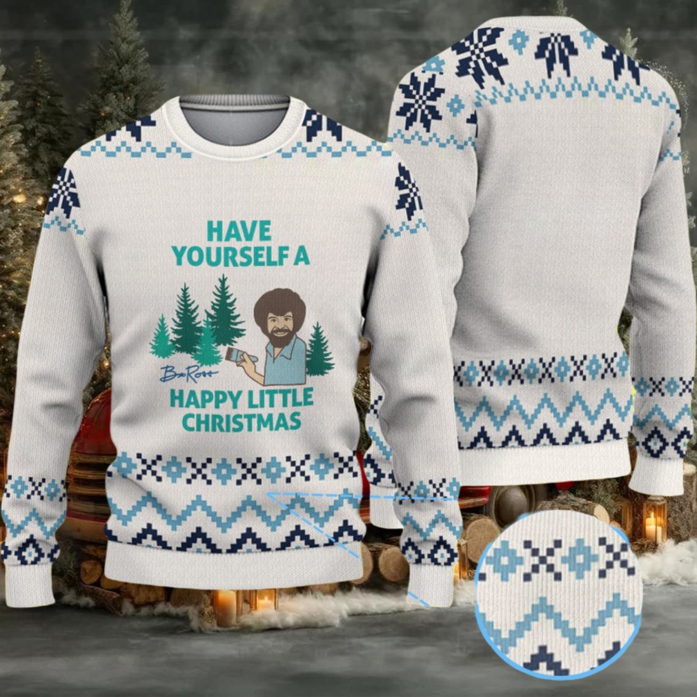 Cream & Blue Geometric Pattern “Bob Ross Have Yourself a Happy Little Christmas” Ugly Christmas Sweater Cream & Blue Geometric Pattern “Bob Ross Have Yourself a Happy Little Christmas” Ugly Christmas Sweater