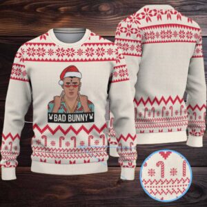 Cream & Red Candy Cane Pattern “Bad Bunny Santa Energy” Ugly Christmas Sweater