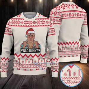Cream & Red Candy Cane Pattern “Bad Bunny Santa Energy” Ugly Christmas Sweater