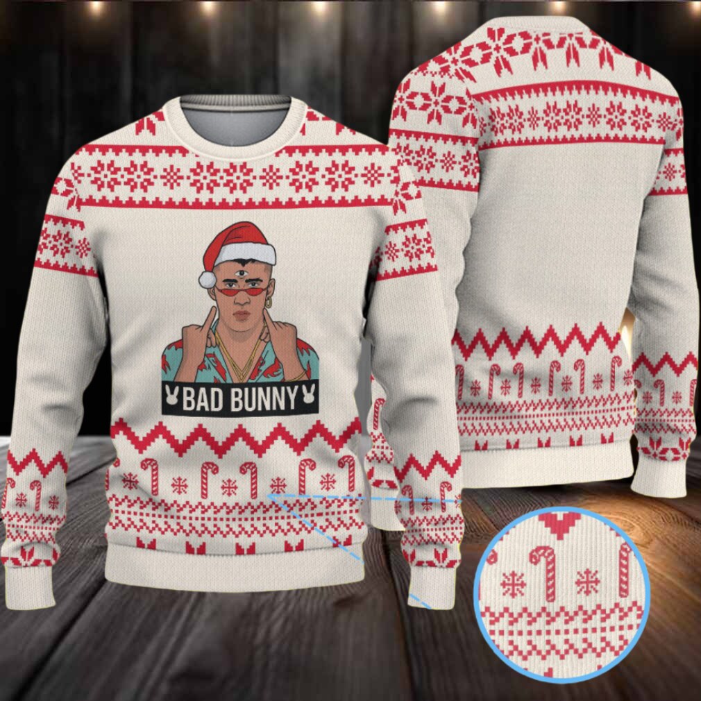 Cream & Red Candy Cane Pattern “Bad Bunny Santa Energy” Ugly Christmas Sweater Cream & Red Candy Cane Pattern “Bad Bunny Santa Energy” Ugly Christmas Sweater
