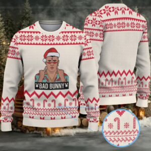 Cream & Red Candy Cane Pattern “Bad Bunny Santa Energy” Ugly Christmas Sweater