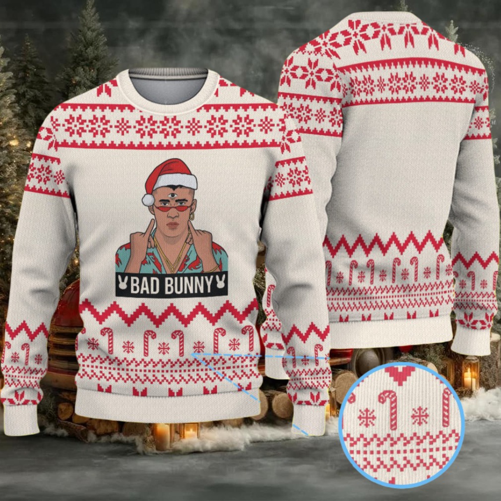 Cream & Red Candy Cane Pattern “Bad Bunny Santa Energy” Ugly Christmas Sweater Cream & Red Candy Cane Pattern “Bad Bunny Santa Energy” Ugly Christmas Sweater