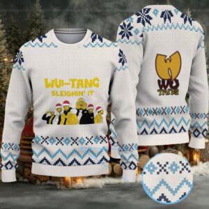 Cream and Blue Geometric Knit “Wu Tang Sleighin’ It Christmas Edition” Ugly Christmas Sweater