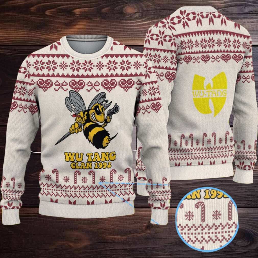 Cream and Burgundy Candy Cane Pattern “Wu Tang Clan 1992 Bee Logo” Ugly Christmas Sweater Cream and Burgundy Candy Cane Pattern “Wu Tang Clan 1992 Bee Logo” Ugly Christmas Sweater