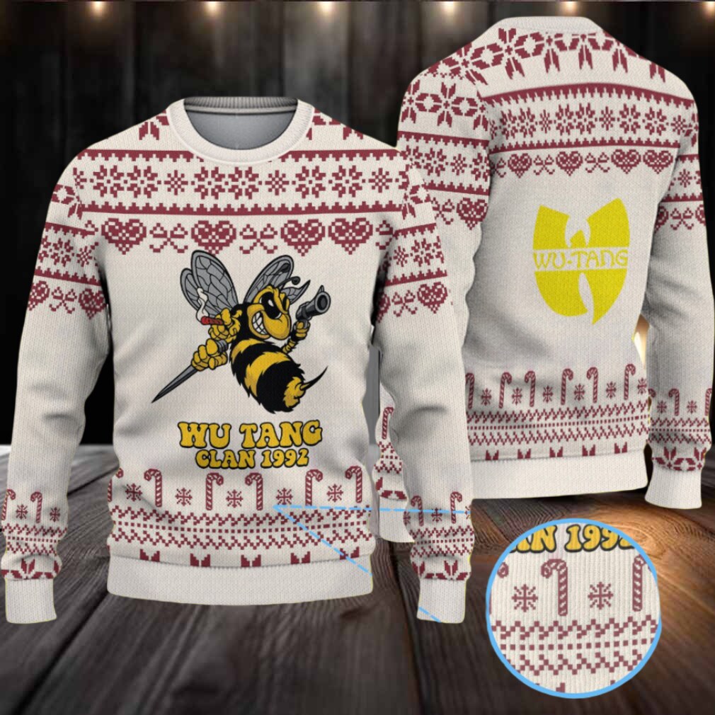 Cream and Burgundy Candy Cane Pattern “Wu Tang Clan 1992 Bee Logo” Ugly Christmas Sweater Cream and Burgundy Candy Cane Pattern “Wu Tang Clan 1992 Bee Logo” Ugly Christmas Sweater