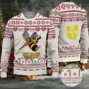 Cream and Burgundy Candy Cane Pattern “Wu Tang Clan 1992 Bee Logo” Ugly Christmas Sweater