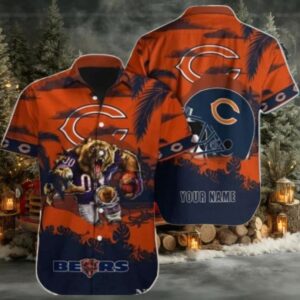 Custom Name Summer Sunset Chicago Bears Palm Mascot Hawaiian Shirt