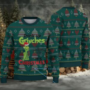 Dark Green Christmas Tree Fair Isle Ugly Christmas Sweater Jack Daniel’s Whiskey with Grinch and Heart Pattern