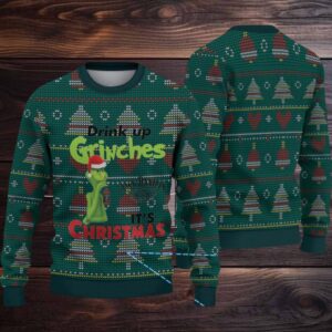 Dark Green Christmas Tree Fair Isle Ugly Christmas Sweater Jack Daniel’s Whiskey with Grinch and Heart Pattern