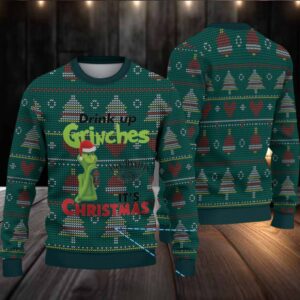Dark Green Christmas Tree Fair Isle Ugly Christmas Sweater Jack Daniel’s Whiskey with Grinch and Heart Pattern