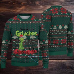 Dark Green Fair Isle Ugly Christmas Sweater Jack Daniel’s Whiskey with Grinch Snowflake Pattern