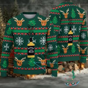 Dark Green Reindeer and Snowflake Ugly Christmas Sweater Jack Daniel’s Old No. 7 Whiskey Bottle with Pixel Christmas Tree Pattern