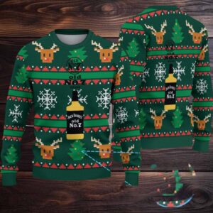 Dark Green Reindeer and Snowflake Ugly Christmas Sweater Jack Daniel’s Old No. 7 Whiskey Bottle with Pixel Christmas Tree Pattern
