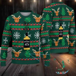 Dark Green Reindeer and Snowflake Ugly Christmas Sweater Jack Daniel’s Old No. 7 Whiskey Bottle with Pixel Christmas Tree Pattern